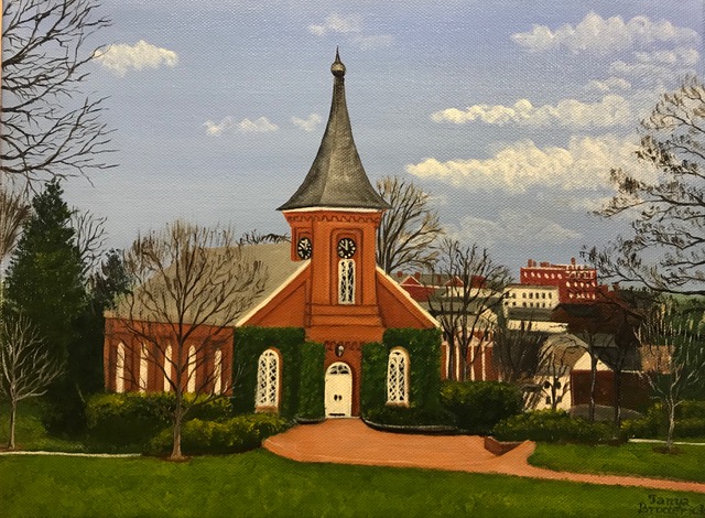 Lee Chapel in Fall, 9&quotx12", oil on canvas – Available