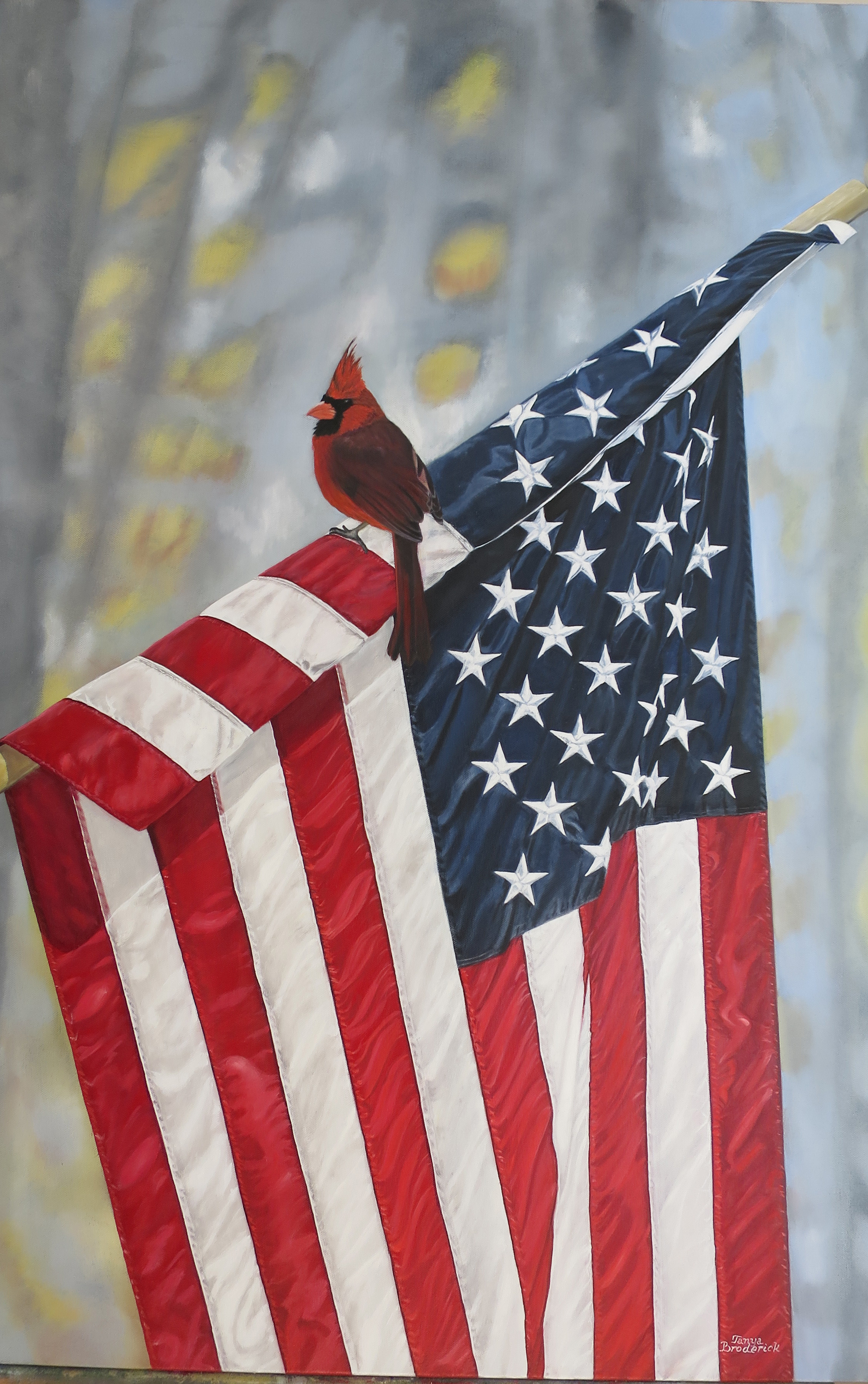 Cardinal Upon Flag, 24&quotx36", oil on canvas – Available