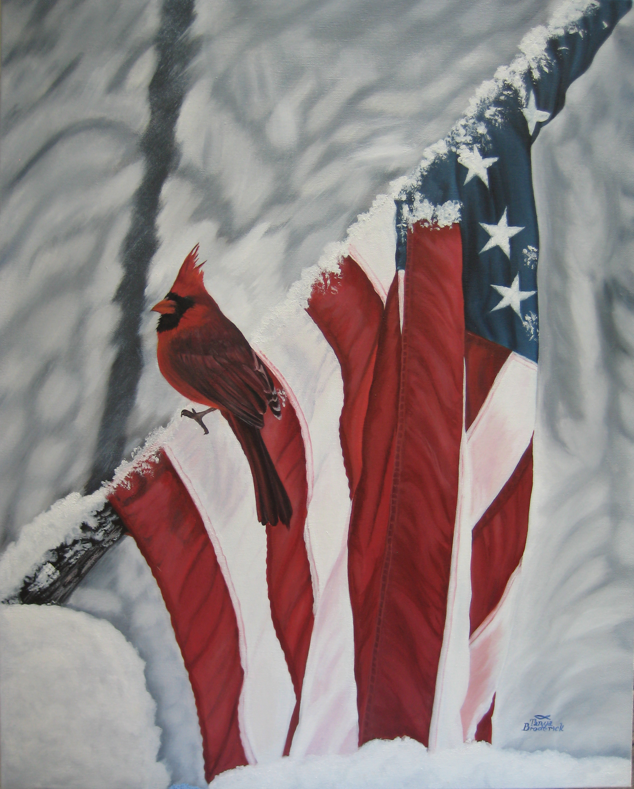 Cardinal On Flag, 24&quotx36", oil on canvas – Sold