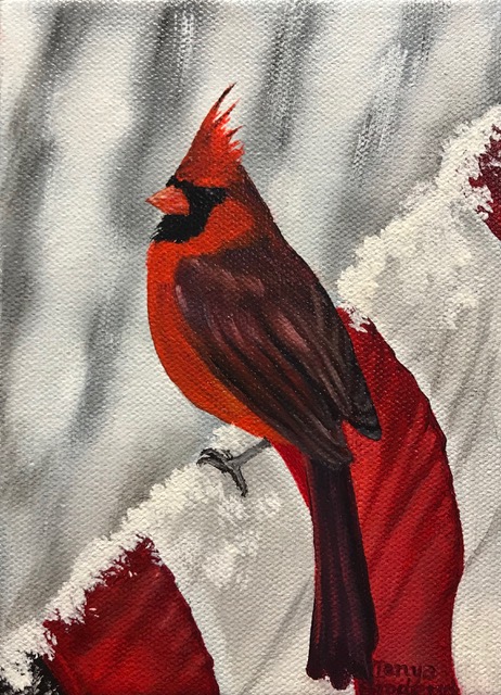 Winter Cardinal, 5&quotx7", oil on canvas – Available