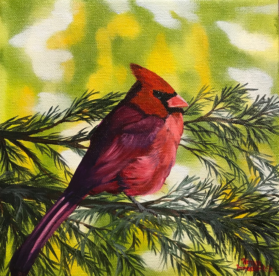 Cardinal in Autumn, 8&quotx8", oil on canvas – Available